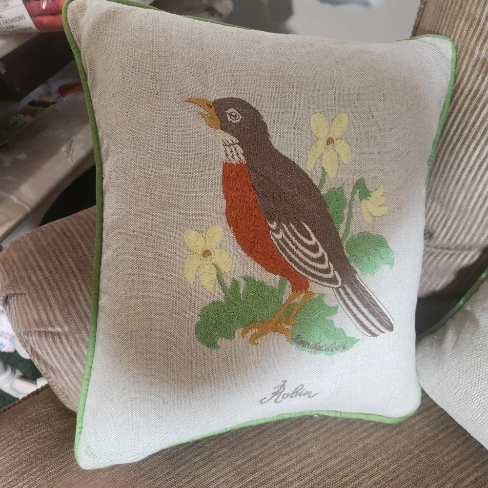 Set of 3 Embroidered Bird Throw Pillows Robin Goldfinch Cardinal 12x12 Accent